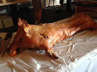 We prepare on site (or off site) whole pig roasts with theme side items